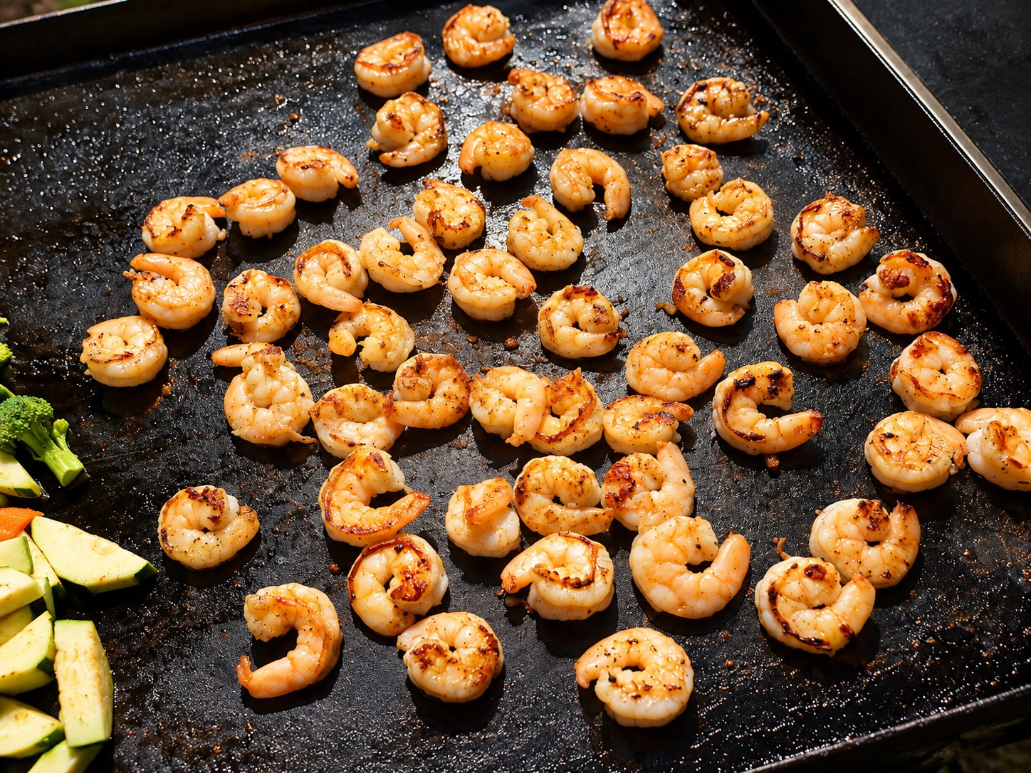 Golden shrimp seared on the outdoor hibachi grill