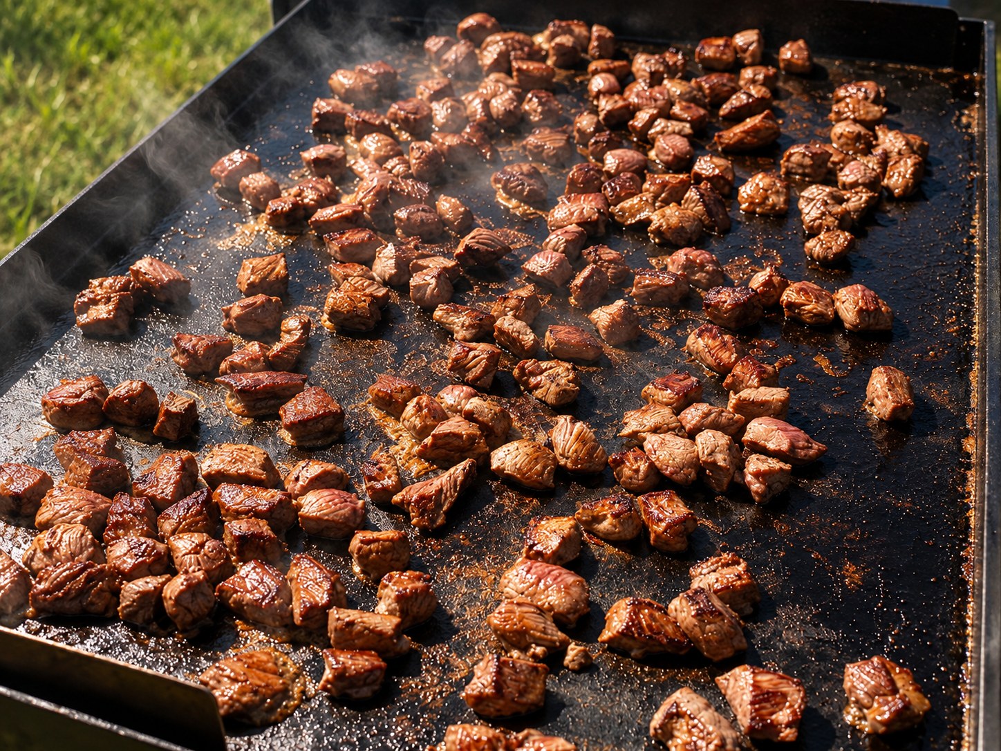Bite-sized steak pieces cooking on the hibachi grill